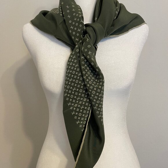 [SOLD]  Authentic Vintage LOUIS VUITTON Sage Green Monogram Silk Scarf - Picture 5 of 11